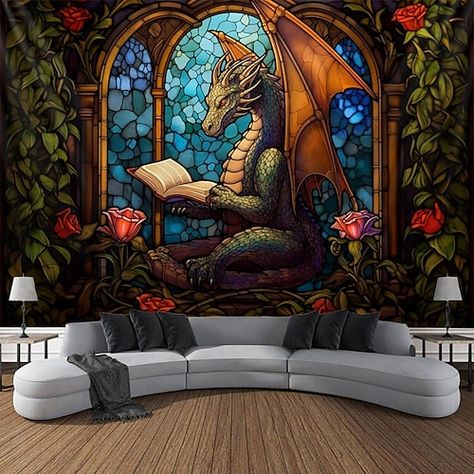 Fantasy Bedroom Decor, Dragon Room Decor, Dragon Bedroom, Dragon Room, Large Living Room Layout, Stained Glass Hanging, Stain Glass Window Art, Cheap Wall Tapestries, Large Tapestry