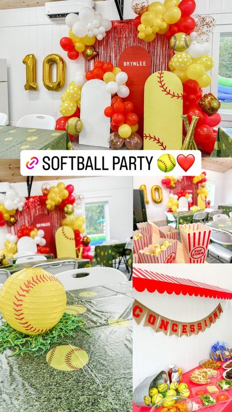 Softball Birthday Party Ideas Diy, End Of Year Softball Party, Softball Bday Party Ideas, Baseball/softball Birthday Party, Softball Themed Party, Softball Themed Birthday Party Games, Softball Sweet 16 Party Ideas, Softball Birthday Party Ideas Food, Softball Banquet Decorations