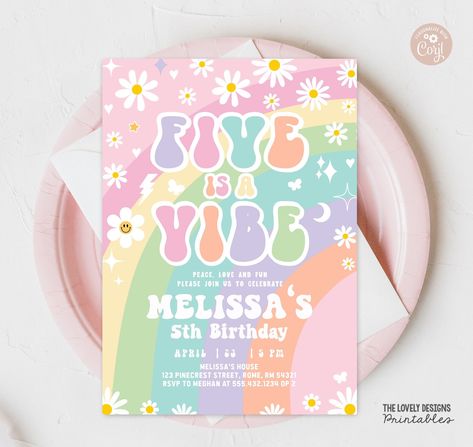 Five Is A Vibe Party, 5 Is A Vibe Birthday Party, Five Is A Vibe Birthday Party, Fiesta Aesthetic, 10th Birthday Invitation, 70's Party, Groovy Rainbow, Rainbow Cakes, Groovy Party