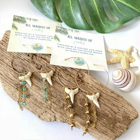 NEW! Shark Tooth Hoop Earrings Gold filled hoops embellished with sharks teeth, chain, & Chalcedony or Pyrite beads Shark Teeth Crafts, Shark Teeth Jewelry, Kill Devil Hills Nc, Secret Message Bracelet, Sharks Teeth, Custom Initial Necklace, Message Bracelet, Smart Jewelry, Seashell Jewelry