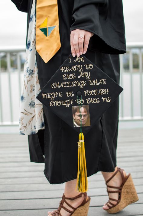 My graduation cap with a quote from Dwight Schrute #theoffice The Office Graduation Cap Ideas, Graduation Cap The Office, The Office Graduation Cap, College Graduation Quotes, Quotes For Graduation Caps, Grad Hats, College Grad Pictures, College Grad Cap Ideas, Abi Motto