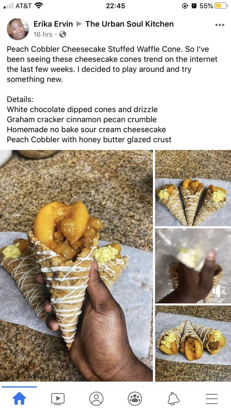 Peach Cobbler Waffle Cone, Peach Cobbler Cones, Cheesecake Cones Flavors, Cheesecake Waffle Cone Recipe, Peach Cobbler Cheesecake Cones, Waffle Cone Dessert Ideas, Cheesecake Cones Recipe, Cheesecake Waffle Cones, Stuffed Cones