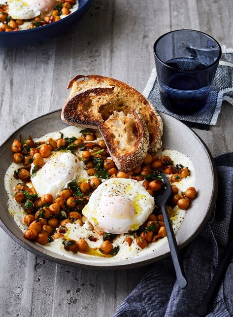 Herbed Chickpeas, Yoghurt and Poached Eggs Poached Egg Recipe, Eggs Dinner, New Zealand Food, Grilled Bread, Savory Breakfast, Budget Friendly Recipes, Food Magazine, Poached Eggs, Egg Recipes