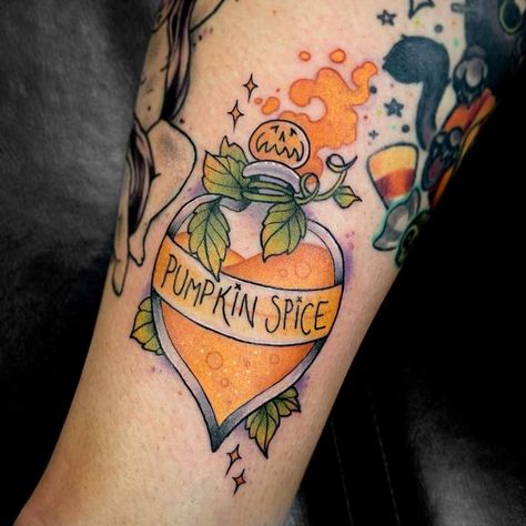 Pumpkin Spice Tattoo, Neo Traditional Pumpkin Tattoo, Girly Pumpkin Tattoo, Candy Corn Tattoo, Spooky Candy Tattoo, Autumn Tattoos, Spooky Ice Cream Tattoo, Spooky Kawaii Tattoo, Days Till Halloween