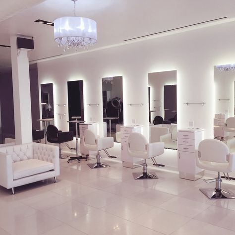 White Hair Salon Interior Design, White And Black Salon, Bevel Mirror, Hair Salon Interior Design, Pop Up Display, Hair Salon Interior, Retail Space Design, Salon Stations, Barbershop Design