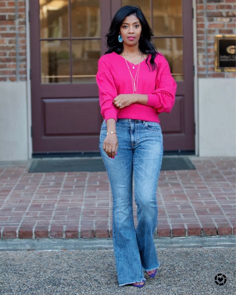 Pink Peplum Top Outfit, Jeans With Pink Top, Hot Pink Cardigan Outfit, Hot Pink Top Outfit, Blue Jeans Outfit Summer, Leather Jacket Outfit Spring, Spring Outfits With Jeans, Pink Blouses Outfit, Easy Spring Outfits