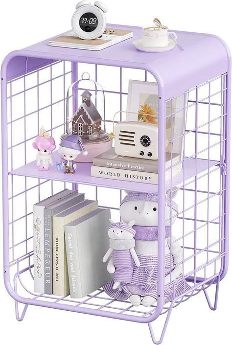 Amazon.com: SYKIARIOL Metal Side Table,Cute Nightstand,3 Tier End Table with Storage,Vintage Bedside Table,Girls Bedroom Furniture,Accent Table,Small Coffee Table for Living Room,Bedroom,Dorm,Green : Home & Kitchen Table Decor For Bedroom, Purple Preppy Room Ideas, White Room With Purple Accents, Small Bedroom Ideas Purple, Room Inspo Aesthetic Purple, Purple Aesthetic Decor, Room Decor Bedroom Purple, Room Inspiration Purple, Pastel Purple Room Ideas