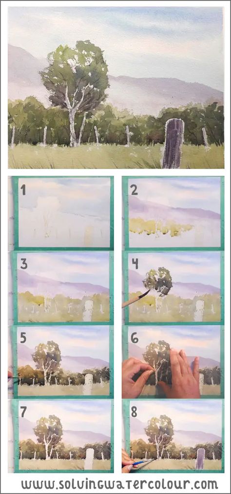 Landscape Step By Step Painting, Watercolour Landscape Step By Step, Watercolor Painting Steps, Simple Art Landscape, Watercolour Landscape Simple, Watercolor Landscape Step By Step, Watercolor Simple Landscape, How To Paint Watercolor Landscapes, Landscape Painting Tutorial Step By Step