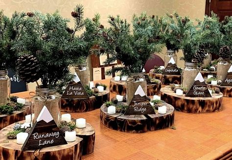 Mountain Table Numbers, Mountain Theme Wedding, Mountain Wedding Decor, Boho Wedding Centerpieces, Table Numbers Wedding Rustic, Rustic Table Numbers, Rustic Mountain Wedding, Wedding Centrepiece, Rustic Boho Wedding