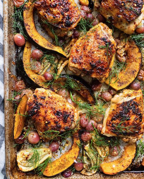 31 Easy One Sheet Pan Chicken Recipes & Meals: Korean, Fajitas, Chicken & Veggies Dijon Chicken Thighs, Maple Dijon Chicken, Delicious Entrees, Chicken Squash, Maple Chicken, Sheet Pan Meals Chicken, Pan Chicken Recipes, Dijon Chicken, Acorn Squash Recipes