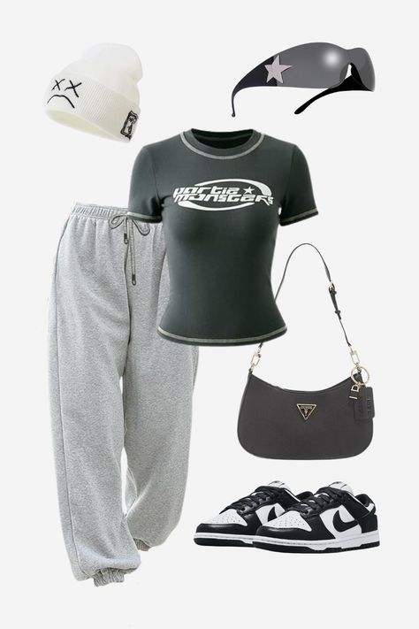 Graphic tee, grey sweatpants, GUESS shoulder bag, NIKE dunk low, white beanie, sunglasses Grey Graphic Tee Outfit, Grey Graphic Tee, Bag Nike, Guess Shoulder Bag, White Beanie, Graphic Tee Outfit, White Beanies, Graphic Tee Outfits, Grey Sweatpants