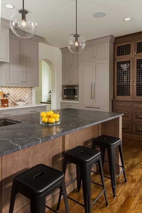 Black Soapstone Countertops, Farmhouse Kitchen Black, White Herringbone Tile Backsplash, Soapstone Countertops Kitchen, Black Soapstone, Soapstone Kitchen, Trendy Farmhouse Kitchen, Replacing Kitchen Countertops, Transitional Kitchen Design