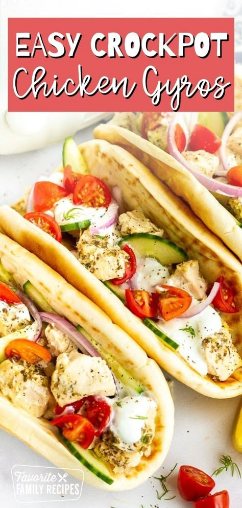 These easy Crockpot Chicken Gyros are the simplest chicken gyros you will ever make, hands down. Prep time is hardly anything and the Crockpot does most of the work. I love the Tzatziki sauce that goes on these, too. It is simple to make and complements the seasoned chicken perfectly. Chicken Gyros Crockpot, Crockpot Chicken Gyros, Easy Crock Pot Chicken, Amazing Slow Cooker Recipes, Chicken Gyro Recipe, Greek Gyros, Gyro Recipe, Slow Cooker Breakfast, Easy Crockpot Chicken