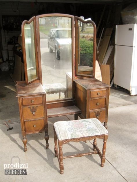 Refinished Vanity, Antique Makeup Vanities, Antique Dresser With Mirror, Vanity Redo, Vintage Makeup Vanities, Vanity Table Vintage, Wood Makeup Vanity, Antique Vanity Set, Old Vanity