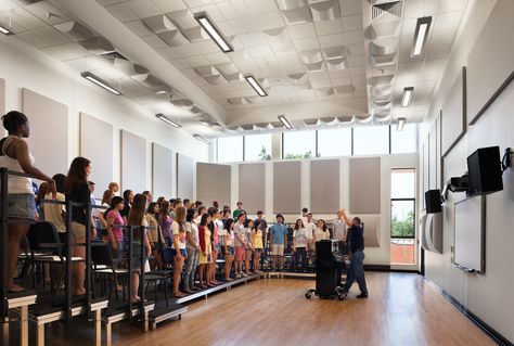 Dance School Architecture, Orchestra Rehearsal Room, Performance Arts Center, Tempat Les, Music School Architecture Concept, Student Activity Center Architecture, Choir Room, Practice Room, Meeting Hall