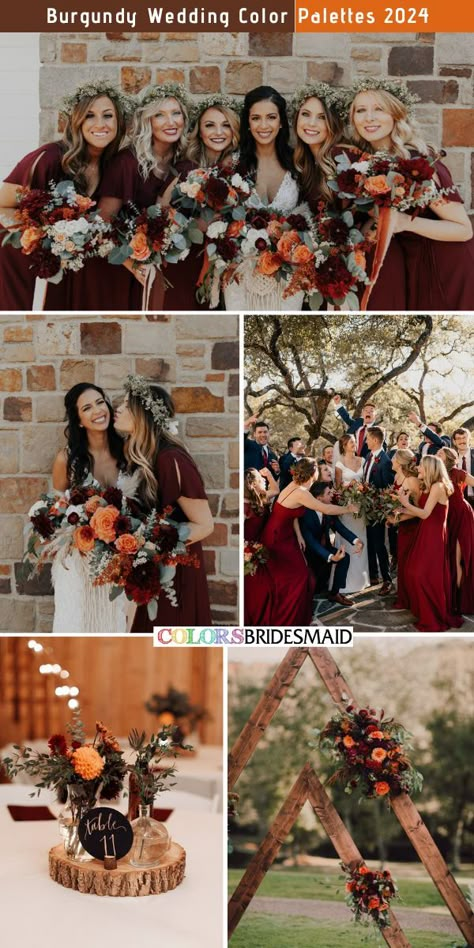 Burgundy, burnt orange and navy blue wedding color combos inspirations for 2024: burgundy bridesmaid dresses, burgundy and orange bouquets, navy blue suits with burgundy ties and orange corsages for guys, burgundy and orange flowers on round wood as table centerpieces, wooden arch with burgundy and burnt orange flowers decorations. #weddingcolors #weddingideas #burgundyweddings #colsbm #2024 #bridesmaiddresses #orangewedding #burntorangewedding #burgundyandburntorange Burgundy Blush Burnt Orange Wedding, Burgundy Orange Wedding, Burgundy And Burnt Orange Wedding, Burnt Orange Wedding Decor, Orange And Navy Blue Wedding, Burgundy And Peach Wedding, Burnt Orange And Navy Blue, Burgundy And Grey Wedding, Burnt Orange Flowers