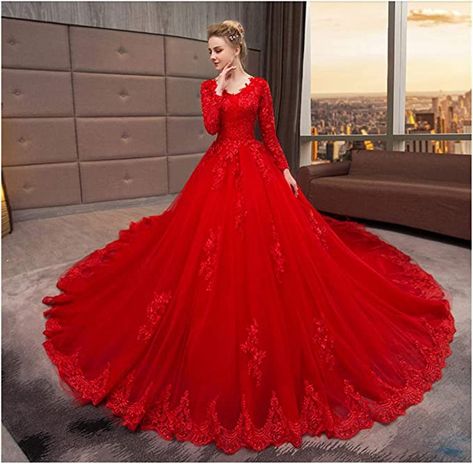 Keting Red Cathedral Train Appliques Tulle A Line Wedding Dress Lace Up Corset Long Sleeve Bridal Gown Wedding Gowns Plus Size, Red Gown Dress, Gown Dress Design, Red Wedding Gowns, Gowns Plus Size, Reception Gowns, Royal Train, Long Sleeve Bridal Gown, Princess Bridal Gown