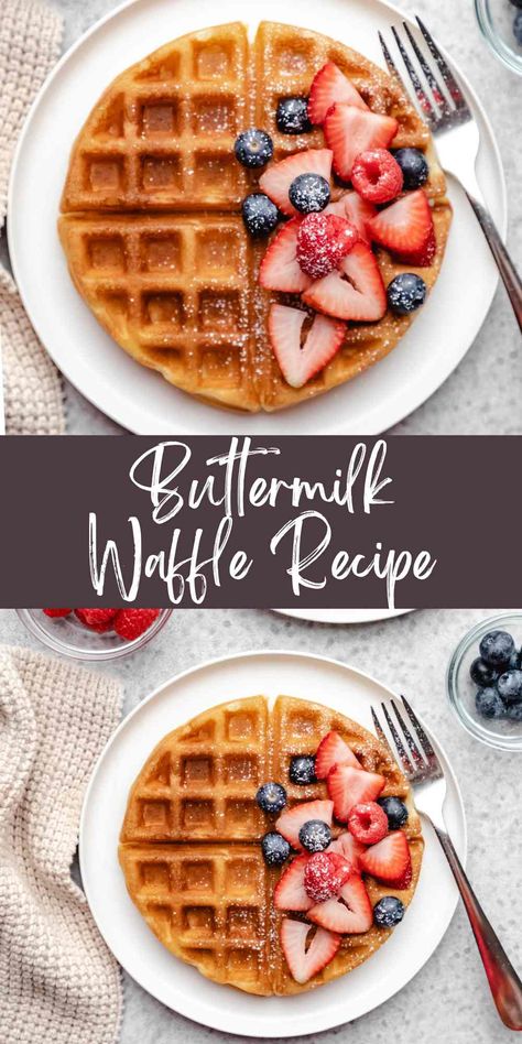 Easy buttermilk waffle recipe! This quick recipe makes waffles that are crisp outside and fluffy on the inside in less than 15 minutes. Buttermilk Waffles Belgian, Waffle Recipe No Butter, Easy Buttermilk Waffle Recipe, Buttermilk Waffle Recipe, Buttermilk Waffle, Buttermilk Waffles Recipe, Best Waffle Recipe, Unique Breakfast, Oatmeal Waffles