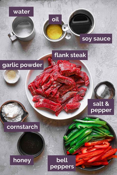 Ingredients for steak and pepper stir fry prepped and labeled. Steak And Pepper Stir Fry, Pepper Stir Fry, Pepper Steak Stir Fry, Steak Stirfry Recipes, Brown Eyed Baker, Steak Stir Fry, Beef Stir Fry Recipes, Healthy Food Menu, Pepper Steak