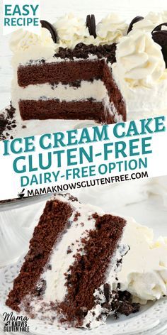 An easy recipe for a gluten-free ice cream cake. Chocolate Oreo ice cream cake with whipped cream frosting. This gluten-free dessert recipe also has a dairy-free option. Lactose Free Ice Cream Cake, Gluten Free Ice Cream Cake Recipes, Dairy Free Ice Cream Cake, Gluten Free Ice Cream Cake, Lactose Free Ice Cream, Pillsbury Gluten Free, Oreo Ice Cream Cake, Cream Cake Recipe, Gluten Free Ice Cream