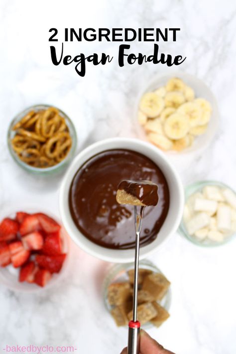 Easy, 2 ingredient chocolate fondue for Valentine's Day. Dairy free and vegan. Vegan Chocolate Dip, Dairy Free Fondue, Vegan Fondue, Easy Chocolate Fondue Recipe, Vegan Valentines, Dairy Free White Chocolate, Rich Tea Biscuits, Fondue Dinner, Chocolate Fondue Recipe