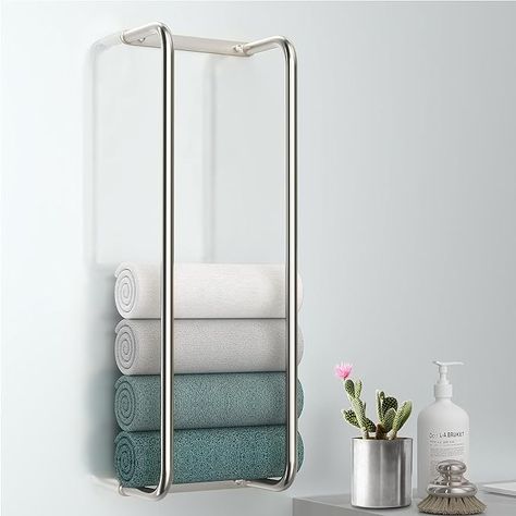 Amazon.com: Rxvotocr Stainless Steel Wall-Mounted Bathroom Towel Rack and Organizer for Rolled Towels, Ideal for Modern Small Bathrooms with Limited Space, Sleek and Chic Sliver Design. : Home & Kitchen Organizing Towels, Cluttered Bathroom, Rolled Towels, Wall Towel Racks, Bathroom Towel Storage, Bath Towel Holder, Bathroom Towel Rack, Modern Small Bathrooms, Small Space Bathroom