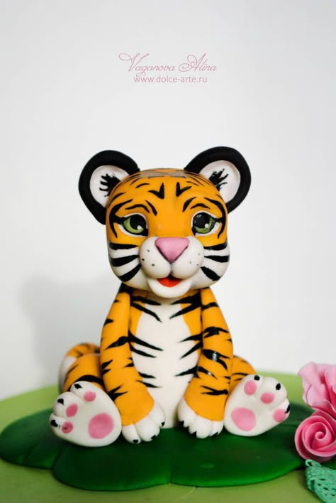 mother calls the baby birthday girl a little tiger. Cake is 6 inches in diameter and tiger height is 3.5 Inch Fondant Tiger Cake Topper, Tiger Cakes For Kids, Tiger Cake Ideas, Tiger Fondant, Tiger Birthday Cake, Tiger Cake Topper, Cake Baby Boy, Fondant Girl, Safari Baby Shower Cake