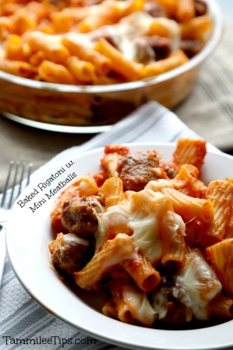 Rigatoni Meatball Bake, Rigatoni With Mini Meatballs, Rigatoni With Meatballs, Pasta With Mini Meatballs, Baked Rigatoni With Meatballs, Recipes With Mini Meatballs, Rigatoni And Meatballs, Mini Meatballs Recipe, Rigatoni Recipes