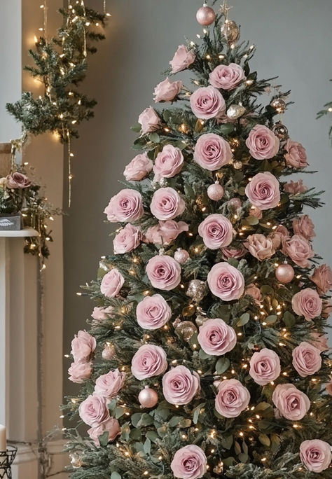 Romantic Rose Christmas Tree Decor Ideas Pink Roses Christmas Tree, Peonies Christmas Tree, Pink Decorations Christmas Tree, Christmas Tree Decor Ideas Pink, Elegant Xmas Trees, Christmas Trees With Flowers, Roses On Christmas Tree, Valentine's Day Christmas Tree, Christmas Tree With Roses