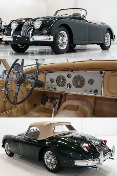 The magnificent 1958 Jaguar XK150S Roadster featured here is finished in gorgeous dark green over the tan leather interior and tan folding convertible top. An original U.S delivered example, this 'S' was built on September 25, 1958, and dispatched 20 days later and supplied through Jaguar cars New York, since then there have only been three meticulous owners over the last half-century. - - - - - - #classiccar #classiccars #vintagecar #cars #car #classic #carsofinstagram #oldtimer #vintagecars Jaguar Roadster, Jaguar (cars), Jaguar Cars, Bmw Classic Cars, Old Vintage Cars, Vintage Sports Cars, History Of Art, Jaguar Xk, Car Classic