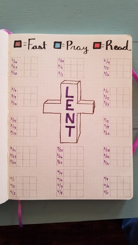 Lent 2020 Tracker in Bullet Journal Lent Journaling Ideas, Lent Ideas For Adults, Lent Tracker, Catholic Bullet Journal, Bullet Journal Christian, Christian Bullet Journal Ideas, Bullet Journal Sections, Journal Tools, Lent Ideas