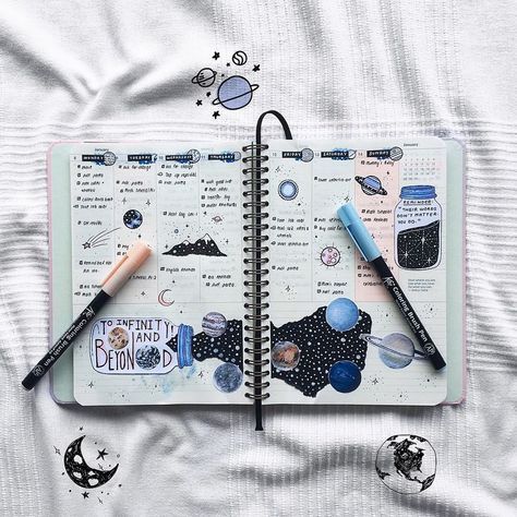 Space spread for bullet journal astronomy lovers Kunstjournal Inspiration, Bullet Journal Planner, Diary Ideas, Bullet Journal Art, Journal Themes, Journal Aesthetic, Bullet Journal Spread, Creative Journal, Bullet Journal Inspo