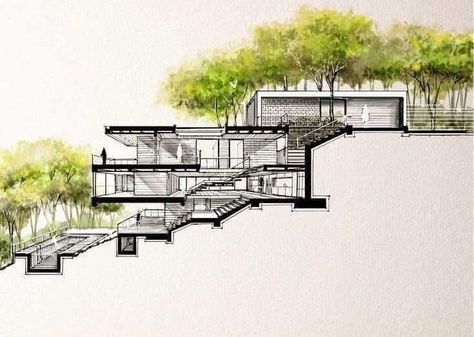 Sloping Lot House Plan, Drawing Instagram, Slope House, Architecture Blueprints, Landscape Design Drawings, Concept Models Architecture, Hillside House, Architecture Sketchbook, Architecture Design Sketch