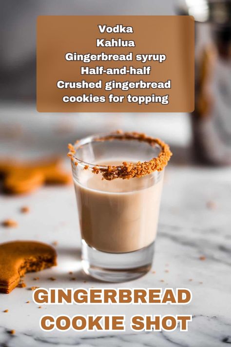 A festive Gingerbread Cookie Shot garnished with cinnamon and a mini gingerbread cookie. Gingerbread Shots Recipe, Thanksgiving Shots, Holiday Shot Recipes, Apple Pie Shots, Holiday Shots, Cookie Shot, Cinnamon Schnapps, Cookie Shots, Christmas Shots