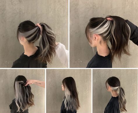 Grey Underlayer Hair, Half Grey Half Brown Hair, Peakaboo Underlights Silver, Black And Grey Peekaboo Hair, Brown And Silver Hair Underneath, Brown Hair Platinum Underneath, Black Hair With Grey Peekaboo, Brown Hair With Bleach Blonde Highlights, Brunette With Blonde Underlayer