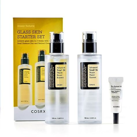 #ad COSRX Glass Skin Starter Set, Advanced Snail 96 Mucin Power Essence (3.38 fl.oz*2) & Retinol 0.1 Cream Mini (0.1 oz), Daily Hydrating & Firming Skincare Kit for Beginners, Gift Set, Korean Skincare About this item - Glass Skin Regimen - The Real Snail Essence - Retinol 0.1% Cream - How to Use: After cleansing, apply 2-3 pumps of the Snail Essence on your face - COSRX Standards: All COSRX products are formulated with skin-friendly ingredients that alleviate irritated skin Firming Skincare, Advanced Snail 96, Snail 96 Mucin, Snail 96, Advanced Snail, Skincare Kit, Snail Mucin, Retinol Cream, Skincare Gift Set