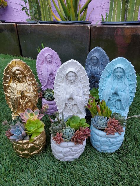 11 inch Virgin Mary planter. Made of light concrete material Mexican Catholic Art, Balcony Art, Clean Vibes, Concrete Material, Lady Madonna, Catholic Decor, Porch Balcony, Mexican Home Decor, Concrete Materials