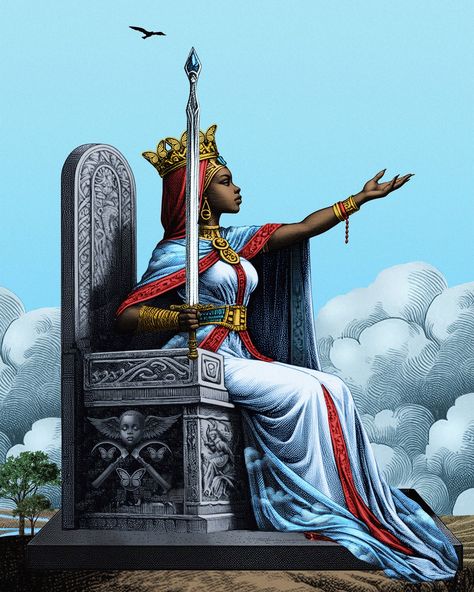 Stone Throne, The Queen Of Swords, Queen Of Swords, Court Cards, African American Artwork, Swords Tarot, Hand Raised, Voodoo Hoodoo, Tarot Art