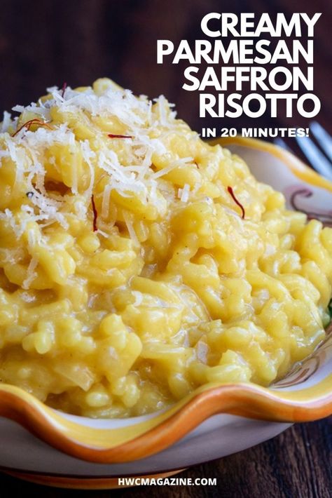 Creamy Parmesan Risotto With Saffron - Healthy World Cuisine Pressure Cooker Oxtail, Saffron Risotto, Risotto Milanese, Risotto Recipes Easy, Saffron Recipes, Oxtail Stew, Parmesan Risotto, Italian Comfort Food, Risotto Rice