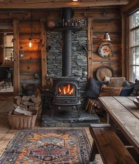 Old Cabin Interior, Bedroom Diy Ideas, Corner Wood Stove, Bedroom Design Boho, Bedroom Ideas Boho, Boho Bedroom Diy, Cabin Fireplace, Cabin Aesthetic, Boho Bedroom Design