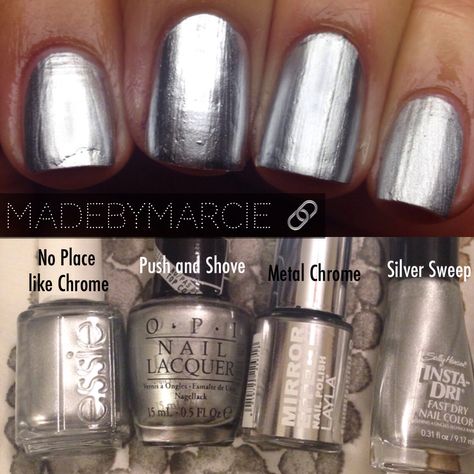 OPI Push and Shove mirror metallic comparison. Opi Metallic Nail Polish, Metallic Toe Nails, Metallic Gel Nails, Chrome Nail Polish, Metallic Nail, Metallic Nail Polish, Pretty Nail Colors, Pretty Gel Nails, Metallic Nails