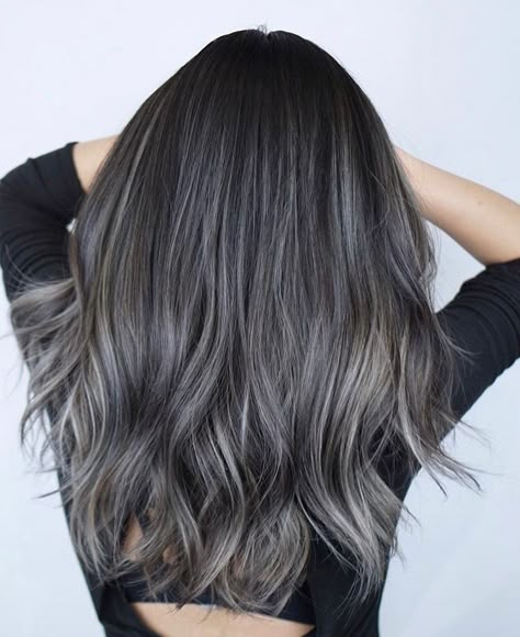 Brunette And Silver Balayage, Black Gray Balayage, Grey Balyage Short Hair, Silvery Ash Brown Hair, Ashy Gray Balayage, Modern Ombre Hair, Ash Gray Balayage On Dark Hair, Black Hair With Silver Balayage, Black Hair With Grey Balayage