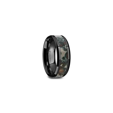 W1534-BCBD. PROTOCERATOPS Black Ceramic Beveled Men's Wedding Band with Coprolite Fossil Inlay - 8mm Tungsten Wedding Bands, Mens Wedding Bands, Wedding Men, Fossil, Wedding Bands, Rings For Men, Band, Ceramics, Black