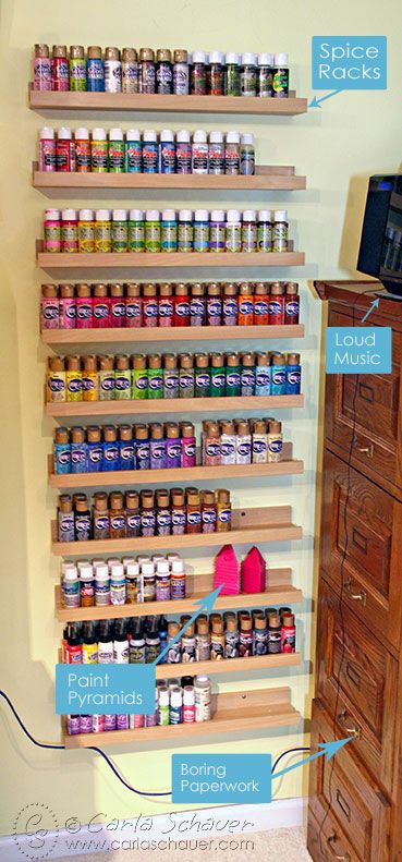 Acrylic paint storage using spice racks-Carla Schauer Design Studio Acrylic Paint Storage, Rangement Art, Dream Craft Room, Craft Room Design, Spice Racks, Paint Storage, Studio Organization, Scrapbook Room, Office Crafts