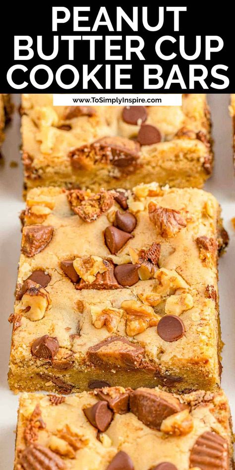 closeup of peanut butter cup cookie bars topped with chocolate chips and peanut butter cup chunks. Things To Make With Reeses Peanut Butter Cups, Recipes That Use Reeses Peanut Butter Cups, Recipes With Reeses Cups, Cookies With Mini Peanut Butter Cups, Peanut Butter Cup Cookie Bars, Reese Cup Recipes, Recipes Using Reese’s Peanut Butter Cups, Reeses Peanut Butter Bars Recipe, Peanutbutter Dessert Easy