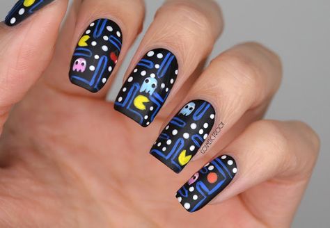 Pac Man Nails, Minecraft Nails, Character Nails, Nail Art Challenge, Time Nails, Pop Art Nails, Mens Nails, Retro Nails, Finger Paint