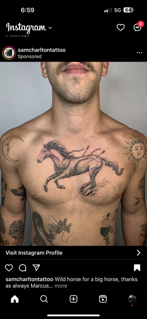 Chest Stomach Tattoo Men, Western Chest Tattoo Men Ideas, Horse Tattoo Men, Mens Horse Tattoo Ideas, Cowboy Chest Tattoo, Horse Tattoo For Men, Wild Horse Tattoo, Horse Stomach Tattoo, Horse Rib Tattoo