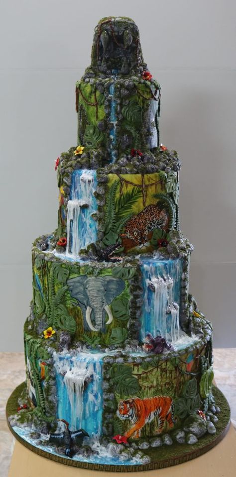 Jungle Animal Cake, Waterfall Cake, Buttercream Rose Cake, School Cupcakes, Textured Wedding Cakes, Waterfall Hike, Buttercream Fondant, Dinosaur Balloons, Buttercream Roses