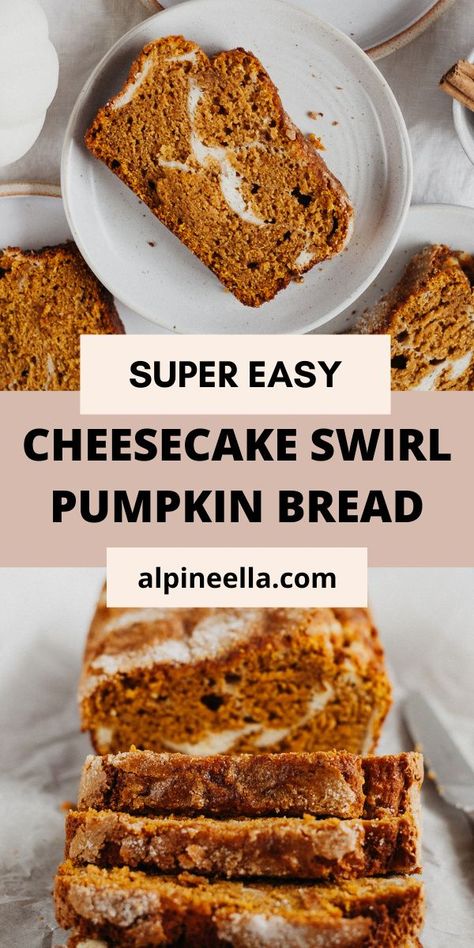 Moist pumpkin bread with a cream cheese swirl and a sugar topping. #pumpkinrecipes #pumpkinbread #pumpkinloaf Leftover Pumpkin Recipes, Pumpkin Cheesecake Loaf, Beautiful Cheesecake, Cream Cheese Swirl, Fall Eats, Dessert Breads, Pumpkin Treats, Bakery Style Muffins, Moist Pumpkin Bread