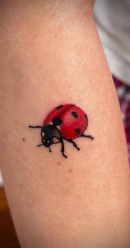 Ladybug Tattoo Watercolor, Small Ladybug Tattoo Black And White, Ladybug With Hearts Tattoo, Ladybug Tattoo Color, Realistic Ladybug Tattoo, Ladybug Tattoo Stencil, Ladybug Tattoo Traditional, Catarina Tattoo, Traditional Ladybug Tattoo